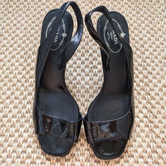 PRADA Slingback Patent Leather Heels, Black, Open-Toe,  size 37 1/2 US 7.5 - Picture 1 of 6